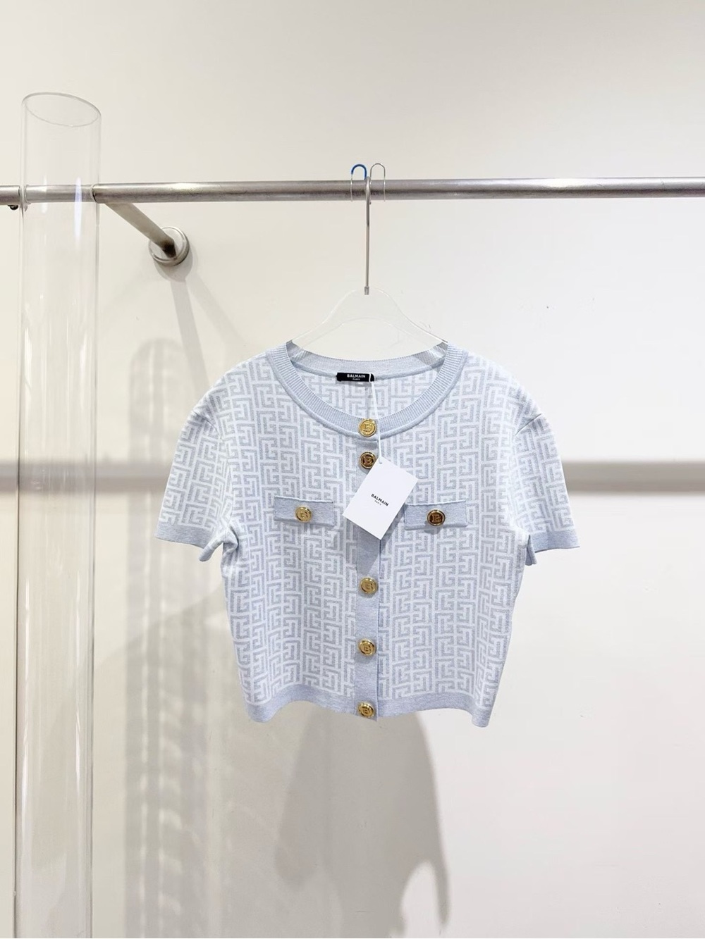 Balmain Light Blue Short-Sleeve Logo Knit Cardigan with Gold Buttons